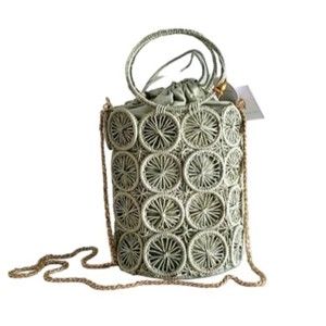 House of Harlow 1960 Raffia Hand Woven Bucket Bag Mint Green NWT